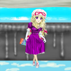  1girl bow commentary_request dress elbow_gloves gloves hair_bow hat kams long_hair looking_at_viewer mob_cap purple_dress purple_lips red_ribbon ribbon shoes smile solo touhou very_long_hair violet_eyes white_gloves white_shoes yakumo_yukari zun_(style) 