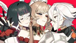  3girls arlecchino_(genshin_impact) bare_shoulders black_collar black_eyes black_hair black_hands black_sleeves black_streaks blue_eyes blush bonnet botassium breasts brown_hair closed_eyes closed_mouth coat collar colored_extremities columbina_(genshin_impact) detached_collar detached_sleeves dress earrings english_commentary eye_contact eye_mask fingernail_gloves genshin_impact gloves hair_between_eyes hair_ornament hair_ribbon head_wings headdress highres holding_hands interlocked_fingers jewelry long_hair long_sidelocks long_sleeves looking_at_another mask multicolored_hair multiple_girls multiple_wings purple_hair purple_streaks pyro_symbol_(genshin_impact) red_background red_pupils ribbon sandrone_(genshin_impact) see-through_clothes see-through_mask short_hair short_hair_with_long_locks sidelocks simple_background smile streaked_hair symbol-shaped_pupils two-tone_hair vision_(genshin_impact) white_coat white_hair white_headdress white_mask white_wings wing_hair_ornament wings x-shaped_eyewear x-shaped_pupils 