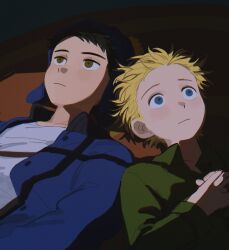  2boys animification black_hair blonde_hair blue_eyes blue_hat blue_jacket brown_eyes chullo chunai_tuju closed_mouth collared_jacket collared_shirt craig_tucker crew_neck dutch_angle frown green_shirt hat highres jacket jitome lying male_focus multiple_boys on_back open_collar own_hands_clasped own_hands_together popped_collar shirt short_hair south_park tweek_tweak upper_body white_shirt wide-eyed 