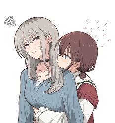  2girls black_choker blue_eyes blue_sweater blush brown_hair choker commentary_request girls_band_cry grey_eyes grey_hair highres hug hug_from_behind iseri_nina kawaragi_momoka lemoontya long_hair multicolored_hair multiple_girls parted_lips roots_(hair) shirt short_twintails squiggle sweat sweater twintails white_shirt yuri 