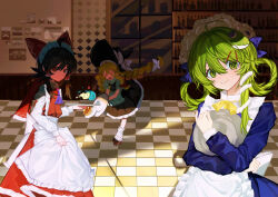  3girls absurdres ahoge alternate_hairstyle apron apron_lift ascot back_bow black_hat black_shoes black_skirt black_vest blue_bow blue_dress bow braid braided_twintails chunye_xiuluo closed_mouth clothes_lift collared_shirt dress enmaided food frilled_apron frilled_dress frilled_hair_tubes frilled_skirt frilled_sleeves frills frog_hair_ornament from_side green_eyes green_hair hair_bow hair_ornament hair_rings hair_tubes hakurei_reimu hand_up hat hat_bow highres holding holding_tray ice_cream indoors kirisame_marisa kochiya_sanae leg_warmers long_hair long_sleeves looking_at_viewer maid maid_apron maid_headdress multiple_girls neck_ribbon open_mouth pancake pancake_stack picture_frame puffy_long_sleeves puffy_short_sleeves puffy_sleeves purple_ascot red_bow red_dress red_eyes ribbon shirt shoes short_hair short_sleeves skirt sleeve_cuffs smile snake_hair_ornament standing standing_on_one_leg tile_floor tiles touhou tray tripping turn_pale vest white_apron white_bow white_headdress white_leg_warmers white_shirt wide_shot window witch_hat yellow_eyes yellow_ribbon 