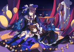  2girls absurdres animal_ear_fluff animal_ears arknights balloon black_boots black_dress black_hair black_hat blue_eyes blue_flower blue_ribbon blue_rose boots bottle chinese_commentary closed_mouth commentary_request commission cup dress drinking_glass flower full_body green_eyes hair_between_eyes hand_on_another's_head hat hat_ribbon heterochromia highres lap_pillow long_hair long_sleeves looking_at_another looking_at_viewer mini_hat multiple_girls origami42169025 original ribbon rose sample_watermark texas_(arknights) thigh_boots violet_eyes watermark wine_bottle wine_glass wolf_ears wolf_girl 