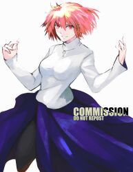  1girl arcueid_brunestud arms_at_sides black_pantyhose blonde_hair breasts commentary commission english_commentary floating_clothes floating_hair grin highres huge_breasts jewelry jumping looking_at_viewer melty_blood melty_blood:_type_lumina moedredd necklace pantyhose purple_skirt red_arcueid red_eyes short_hair side_slit skirt smile solo sweater tsukihime tsukihime_(remake) turtleneck turtleneck_sweater white_sweater 