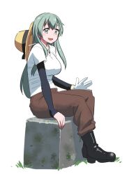  1girl alternate_costume black_boots boots brown_pants full_body green_eyes grey_hair hat_on_back kantai_collection layered_sleeves long_hair long_sleeves pants rock shirt short_over_long_sleeves short_sleeves simple_background sitting solo suzuya_(kancolle) tamu_(mad_works) white_background white_shirt 