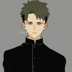  1boy aged_down buttons closed_mouth commentary_request gakuran green_eyes green_hair grey_background haikyuu!! looking_at_viewer male_focus school_uniform short_hair simple_background solo tkr_241 twitter_username upper_body ushijima_wakatoshi 