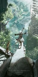  1girl 2b_(nier:automata) artist_name bird boots car city full_body high_heel_boots high_heels highres holding holding_behind_back holding_weapon_behind_back motor_vehicle nier:automata nier_(series) outdoors overgrown ramp ruins selescha.arts short_hair solo sword thigh_boots tree weapon white_hair 