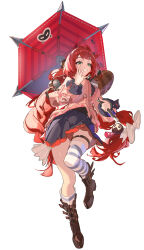  1girl absurdres boots bow braid brown_boots chinese_commentary commentary_request full_body green_eyes highres holding holding_umbrella long_hair pigeon-toed pleated_skirt red_hair sidelocks simple_background skirt solo standing standing_on_one_leg tanuki twin_braids ukinami_yuzuha umbrella white_background white_bow youhuanzi zenless_zone_zero 
