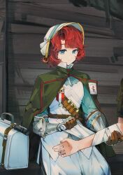  1girl 1other absurdres applying_bandages bandaged_arm bandages blue_eyes blue_shirt cape commentary english_commentary first_aid_kit gauntlets green_cape hat highres kaeshi_(yuukaeshi) looking_down marsha_(reverse:1999) red_hair reverse:1999 rod_of_asclepius shirt short_hair sitting skirt smile solo_focus trench upper_body white_hat white_skirt 