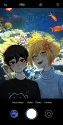  2boys alternate_costume antenna_hair artist_name basil_(faraway)_(omori) basil_(omori) black_eyes black_hair black_sweater blonde_hair blue_eyes blue_sweater bright_pupils closed_mouth double-parted_bangs expressionless fake_screenshot fish flower hair_between_eyes hair_flower hair_ornament highres indoors krerue looking_at_viewer male_focus multiple_boys omori photo_background short_hair sidelocks snowflake_print sunny_(omori) sweater turtleneck turtleneck_sweater v white_pupils 