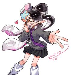  1girl alternate_costume black_hair black_skirt callie_(splatoon) collared_shirt commentary dated english_commentary eyelashes gradient_hair grey_sweater gucandiyi52092 gyaru_v hair_ornament heart inkling leg_warmers long_hair looking_at_viewer mole mole_under_eye multicolored_hair necktie one_eye_closed open_mouth pink_hair pleated_skirt pointy_ears purple_necktie shirt short_eyebrows signature simple_background skirt smile solo splatoon_(series) standing starfish_hair_ornament sweater teeth tentacle_hair thick_eyebrows two-tone_hair v very_long_hair white_background white_shirt yellow_eyes 