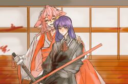  2girls 4711_(xx) alternate_costume animal_ears black_kimono blood blush chinese_commentary closed_eyes commentary_request couple fox_ears fox_girl from_behind genshin_impact hair_ornament hand_on_another's_shoulder height_difference high_ponytail holding holding_sword holding_weapon indoors japanese_clothes katana kimono long_sleeves mole mole_under_eye multiple_girls open_mouth pink_hair ponytail purple_hair raiden_shogun sword violet_eyes weapon wide_sleeves yae_miko yuri 