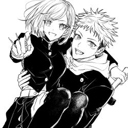  1boy 1girl carrying carrying_person claw_hammer commentary gakuran hammer holding holding_hammer itadori_yuuji jujutsu_kaisen kugisaki_nobara monochrome princess_carry school_uniform segum short_hair spiky_hair undercut untranslatable_commentary 