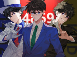  3boys between_fingers black_hair black_jacket blue_eyes blue_jacket blue_shirt blush calling_card cape card chongzi collared_shirt commentary_request dual_persona gakuran gem glint gloves green_necktie grin hair_between_eyes hat highres holding holding_card holding_gem jacket kaitou_kid kudou_shin'ichi kuroba_kaito long_sleeves looking_at_viewer magic_kaito male_focus meitantei_conan messy_hair monocle monocle_chain multiple_boys necktie opaque_monocle red_necktie school_uniform serious shirt short_hair smile smug teeth teitan_high_school_uniform text_background top_hat upper_body white_cape white_gloves white_hat white_jacket white_shirt 