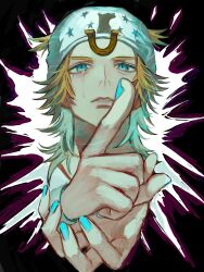  1boy adai_(art_adai) blonde_hair blue_lips dixie_cup_hat hat heart_ornament highres horse_print johnny_joestar jojo_no_kimyou_na_bouken male_focus military_hat solo star_(symbol) star_print steel_ball_run 