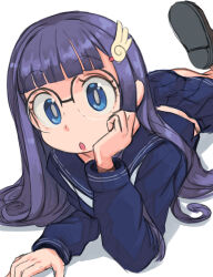  1girl :o absurdres blue_eyes commentary_request dr._slump glasses hair_ornament head_wings highres long_hair long_sleeves looking_at_viewer lying norimaki_arale okera on_stomach pleated_skirt school_uniform serafuku skirt solo white_background wing_hair_ornament wings 