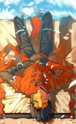  absurdres black_hair coat commentary_request earrings fingerless_gloves gloves highres jewelry korean_commentary long_coat mole mole_under_eye orange-tinted_eyewear prosthesis prosthetic_arm red_coat round_eyewear single_earring spiky_hair tinted_eyewear trigun trigun_maximum undercut vash_the_stampede ziralday 