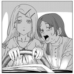  2girls :o border car_interior chainsaw_man chise_(ll158o) collarbone commentary_request fujimoto_tatsuki_(style) gakuen_idolmaster highres idolmaster kuramoto_china layered_sleeves long_hair meme multiple_girls nervous_sweating parody parted_bangs power_crashes_kobeni's_car_(meme) robe scene_reference shinosawa_hiro steering_wheel straight_hair sweat white_border 
