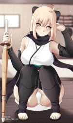  1girl ahoge armor artist_name black_bow black_sash black_scarf black_thighhighs blonde_hair blurry blurry_background blush bow breasts commentary_request commission dojo double-parted_bangs fate/grand_order fate/type_redline fate_(series) feet hair_between_eyes hair_bow hair_intakes highres holding holding_sword holding_weapon japanese_armor japanese_clothes kimono koha-ace large_breasts looking_at_viewer obi okita_souji_(fate) okita_souji_(koha-ace) panties pantyshot pov sash scarf shinai short_hair short_kimono skeb_commission sleeveless sleeveless_kimono smile solo squatting sunlight sweat sword thick_thighs thigh-highs thighs twitter_username underwear weapon white_kimono white_panties xkzan yellow_eyes 