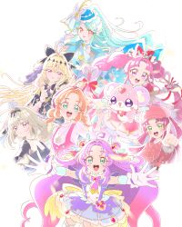  6+girls ahoge akechi_anna antenna_hair aqua_bow aqua_bowtie aqua_capelet aqua_hair back_bow beret black_bow black_bowtie black_capelet black_dress blonde_hair blue_hat boater_hat bow bowtie braid brooch butterfly_hat_ornament capelet commentary cure_answer cure_arcana_shadow cure_eclair cure_mystique diamond_hairband double_bun dress dual_persona earrings frilled_cuffs gloves grey_hair hair_bow hair_bun hair_ornament hat hat_ornament heart heart_brooch heart_hair_ornament highres impossible_hair jewelry kobayashi_mikuru large_bow layered_gloves long_hair looking_at_viewer looking_back low_twintails magical_girl medium_hair meitantei_precure! moria_luluka multiple_girls necklace newsboy_cap open_mouth pact_holder parted_bangs pink_eyes pink_hair pink_shirt pochi-tan pointing pointing_at_viewer ponytail precure purple_capelet purple_dress purple_hat reaching reaching_towards_viewer red_bow red_capelet red_dress red_hair red_hat shirt short_hair short_twintails sleeveless sleeveless_shirt smile sparkle twin_braids twintails very_long_hair violet_eyes white_gloves white_shirt wing_hair_ornament wonderful_tanaka yellow_bow yellow_bowtie yellow_eyes 