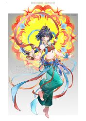  1girl absurdres alternate_costume alternate_universe armlet bare_shoulders bell blue_hair bra bracelet chinese_clothes chinese_commentary full_body green_pants grey_background hair_between_eyes hair_intakes hair_ornament headpiece highres holding holding_bell honkai:_star_rail honkai_(series) jewelry lihushui long_hair looking_at_viewer looking_to_the_side low_twintails navel necklace orange_eyes pants pendant ribbon solo stomach twintails underwear watermark yunli_(honkai:_star_rail) 