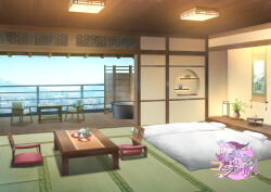  architecture asa_no_ha_(pattern) balcony bathtub bedroom blanket ceiling_light chabudai chair cityscape commentary_request copyright_logo cup day east_asian_architecture folding_screen futon hanging_scroll incense_burner indoors lamp logo mizui_xl no_humans official_art pillow plant plate potted_plant ryokan scenery scroll shelf steam table tatami teapot vase water youko-san_wa_kon_to_naku zaisu 