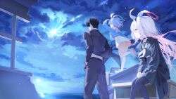  1boy 2girls absurdres arona_(blue_archive) belt black_belt black_boots black_coat black_hair black_headband black_pants black_pantyhose black_sailor_collar black_serafuku black_skirt black_suit blue_archive blue_hair blue_shirt boots classroom clouds coat colored_inner_hair cropped_shirt floating_clothes floating_hair from_behind hand_in_pocket headband highres iv_(iv70311741) jacket layered_sleeves long_hair looking_ahead multicolored_hair multiple_girls ocean on_table pants pantyhose pink_hair plana_(blue_archive) pleated_skirt sailor_collar school_uniform sensei_(blue_archive) serafuku shirt short_hair skirt sky standing star_(sky) suit suit_jacket table white_hair white_headband white_sailor_collar white_shirt white_skirt wooden_table 