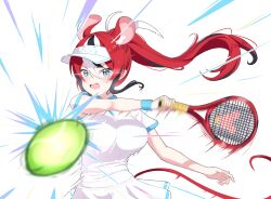  absurdres animal_ears ball black_hair blue_eyes bouncing_breasts breasts cafelittle commentary_request emphasis_lines fang hakos_baelz highres hololive hololive_english large_breasts mouse_ears mouse_girl mouse_tail multicolored_hair ponytail racket red_hair shirt skirt sportswear streaked_hair sweatband tail tennis_ball tennis_racket tennis_uniform virtual_youtuber white_hair white_shirt white_skirt 