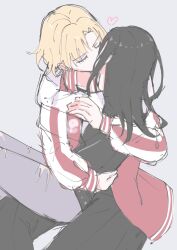  2girls bang_dream! bang_dream!_girls_band_party! black_hair black_jacket black_pants black_shirt blonde_hair closed_eyes denim grey_background grey_pants hand_on_another's_arm hand_on_another's_waist heart highres hug jacket jeans kiss long_hair multicolored_jacket multiple_girls on_lap open_clothes open_jacket pants sato_masuki shirt short_hair sitting sitting_on_lap sitting_on_person torn_clothes torn_jeans torn_pants wakana_rei white_jacket white_shirt wide-leg_pants yancy_shirosagi yuri 