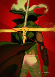  1boy black_coat black_hat coat collared_coat commentary dracule_mihawk english_commentary feet_out_of_frame hat highres huge_weapon ieberuru looking_to_the_side male_focus one_piece pants plume red_background signature solo standing sword sword_on_back weapon weapon_on_back white_pants 