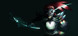  1girl 2016 2d alternate_form anthro armor black_background black_sclera breastplate colored_sclera colored_skin commentary dark dark_background digital_media ear_fins english_commentary female female_only fins fish fish_girl gameaddict1234 gauntlets genocide_route_(undertale) glowing glowing_eye glowing_weapon grey_skin head_fins heart high_ponytail holding holding_polearm holding_spear holding_weapon long_hair monster monster_girl polearm ponytail red_hair sharp_teeth simple_background slit_pupils solo spear spiky_hair teeth undertale undyne undyne_the_undying utdr_(toby_fox) weapon white_pupils 