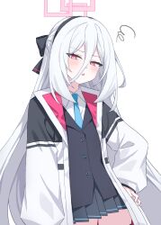  1girl absurdres black_hairband black_jacket black_skirt blue_archive blue_necktie collared_shirt commentary contrapposto hair_between_eyes hairband halo hand_on_own_hip highres jacket kei_(blue_archive) kei_(new_body)_(blue_archive) long_hair long_hair_between_eyes long_sleeves looking_at_viewer mahuyu miniskirt necktie open_clothes open_jacket parted_lips pink_eyes pleated_skirt shirt sidelocks simple_background skirt solo squiggle standing upper_body very_long_hair white_background white_hair white_jacket white_shirt 