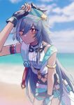  1girl bangs beach black_gloves black_hair blue_sky closed_mouth clouds cloudy_sky fingerless_gloves fu_hua fu_hua_(herrscher_of_sentience) gloves goggles goggles_around_neck highres hkhkfff0 honkai_(series) honkai_impact_3rd long_hair looking_at_viewer one_eye_closed outdoors ponytail red_eyes sky solo summer_uniform visor water 