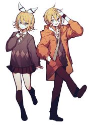  1boy 1girl :d absurdres argyle_clothes argyle_sweater_vest art_waven bandaid bandaid_on_cheek bandaid_on_face black_pants black_shoes black_skirt black_socks blonde_hair blue_eyes bow bow_hairband bowtie collared_shirt commentary cuffs dual_persona ego_renegade_boy_(vocaloid) english_commentary grey_sweater_vest hair_bow hairband hand_in_pocket hand_on_own_head handcuffs highres hood hood_down hooded_jacket jacket kagamine_len kagamine_rin long_sleeves miniskirt necktie open_clothes open_jacket open_mouth orange_jacket pants pleated_skirt shirt shoes short_hair simple_background skirt smile socks standing standing_on_one_leg sweater_vest vocaloid white_background white_bow white_hairband white_shirt 
