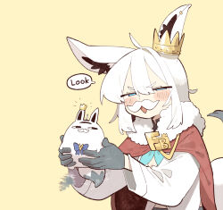  <o>_<o> ahoge animal_ear_piercing animal_ears aqua_eyes black_gloves blue_bow bow cocomayo29_(tomato) commentary crown earrings english_text facial_hair fox_ears fox_girl fox_tail gloves hair_between_eyes highres holding hololive jewelry korean_commentary miteiru_(shirakami_fubuki) mustache open_mouth pentagram shirakami_fubuki single_earring speech_bubble tail virtual_youtuber white_hair 