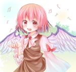  1girl animal_ears beamed_eighth_notes bird_ears bird_wings blush brown_dress dress eighth_note fingernails frilled_sleeves frills hair_between_eyes long_fingernails long_sleeves momonashi_potato musical_note mystia_lorelei no_hat no_headwear open_mouth pink_eyes pink_hair quarter_note sharp_fingernails short_hair smile solo touhou upper_body wide_sleeves wings 