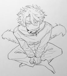  1boy animal_collar animal_ears bishounen bone bone_in_mouth collar commentary crossed_legs dog_boy dog_ears dog_tail from_above full_body greyscale ikezawa_(tonaero) looking_at_viewer male_focus mmkmanga monochrome sitting solo tail tonari_no_seki_no_yatsu_ga_souiu_me_de_mitekuru untranslatable_commentary 