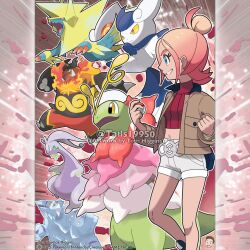 aqua_eyes artist_name avalugg blonde_hair brown_jacket claws clenched_hand colored_sclera commentary company_name copyright_notice crop_top emboar english_commentary eyelashes fangs fire from_side goodra gradient_hair green_eyes hair_bun holding holding_poke_ball jacket manectric mega_manectric mega_meganium mega_pokemon meganium meowstic meowstic_(female) merchandise_available midriff multicolored_hair navel official_style open_clothes open_jacket open_mouth outline pink_hair poke_ball poke_ball_(basic) pokemon pokemon_(creature) pokemon_legends:_z-a pokemon_team red_eyes red_shirt shirt shoes single_hair_bun slime_(substance) smile taunie_(pokemon) tom_higgins watermark white_outline white_shoes yellow_eyes yellow_sclera 