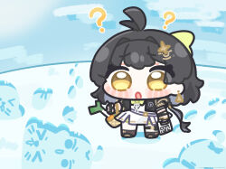  1girl ? bag black_hair black_jacket chibi chibi_only commentary dress english_commentary female_rover_(perpetual_spark)_(wuthering_waves) female_rover_(wuthering_waves) grocery_bag jacket official_art open_mouth outdoors rover_(wuthering_waves) second-party_source shopping_bag snow solo syurikenmaru white_dress wuthering_waves yellow_eyes 