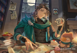  1boy apple bird black_shirt blush book book_stack bookshelf brown_hair bubby_(goldbullet) cake cake_slice cape chest_belt coffee_mug collared_jacket compression_shirt copyright_name cup cupcake dark-skinned_male dark_skin doughnut eating english_text eyebrow_cut fingerless_gloves fingernails fireplace food fork fruit full_moon gloves gnome goldbullet green_cape green_scarf high_collar holding holding_cup holostars holostars_english indoors jacket kadeart long_hair male_focus map_(object) moon mug mug_writing night official_art open_clothes open_jacket pencil picture_frame plate ponytail puffy_cheeks rain scarf shirt sprout sprout_on_head strawberry strawberry_cake strawberry_shortcake table upper_body virtual_youtuber wanted_poster window yellow_eyes 