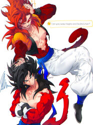  black_hair blue_eyes blue_sash closed_mouth dougi dragon_ball dragon_ball_gt dragon_ball_heroes earrings gloves gogeta highres jewelry long_hair male_focus metamoran_vest monkey_boy monkey_tail multiple_boys muscular muscular_male ommmyoh open_mouth pants potara_earrings red_fur saiyan sash smile spiky_hair super_saiyan super_saiyan_4 tail time_patrol_(dragon_ball) twitter_username vegetto vegetto_(xeno) 