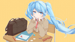  1girl absurdres alternate_costume black_bag blue_eyes blue_hair brown_sweater candy collared_shirt commentary_request cover dotted_background drawing_kanon expressionless eyelashes floating_hair food glasses hands_on_own_face hatsune_miku headphones highres lollipop long_sleeves looking_at_viewer necktie notebook outline parted_bangs pen rectangular_eyewear red-framed_eyewear red_necktie shirt sitting solo sweater swept_bangs twintails unworn_eyewear upper_body v-neck vocaloid white_outline white_shirt yellow_background 