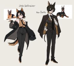  2girls absurdres adjusting_clothes adjusting_necktie animal_ears belt black_belt black_eyes black_gloves black_hair black_necktie black_shoes black_vest brown_gloves brown_hair brown_shirt coat collared_shirt commentary dog dog_boy dog_ears dog_girl dog_tail english_commentary eyepatch gloves hand_in_pocket highres kira_barkley multicolored_gloves multicolored_hair multiple_girls necktie off-shoulder_jacket off_shoulder original pants reference_inset scar shirt shoes sleeveless sleeveless_shirt stella_sniffmeister sui_(suizilla) tail two-tone_gloves two-tone_hair vest white_shirt 