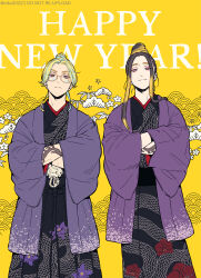  2boys alternate_costume aqua_eyes arm_tattoo black_kimono blonde_hair brothers brown_hair commentary_request earrings floral_print flower haitani_ran haitani_rindou happy_new_year highres japanese_clothes jewelry kimono long_hair long_sleeves looking_at_viewer male_focus medium_hair multicolored_hair multiple_boys niko20223 open_clothes open_kimono orchid print_kimono purple_kimono round_eyewear siblings single_earring smile snake_print standing streaked_hair tattoo tokyo_revengers two-tone_hair violet_eyes yellow_background 