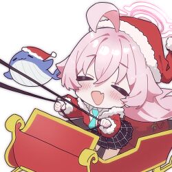  1girl ahoge blue_archive chibi closed_eyes halo hat hoshino_(blue_archive) long_hair necktie open_mouth pink_hair pink_halo pleated_skirt rishe_(reeeeshe) santa_hat skirt white_background 