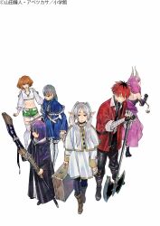  1boy 4girls abe_tsukasa absurdres aura_(sousou_no_frieren) axe balance_scale bandaged_arm bandages bare_shoulders battle_axe belt black_belt black_boots black_gloves black_hair black_pantyhose black_robe black_shirt blue_sky boots braid breasts brown_boots brown_eyes brown_hair capelet child cleavage_cutout closed_mouth clothing_cutout coat collarbone cover cover_page cowboy_shot crop_top cropped_shirt demon_girl demon_horns double-sided_axe earrings elbow_gloves elf fern_(sousou_no_frieren) frieren frilled_sleeves frills full_body gloves green_eyes green_shorts grey_hair grey_pants groin hair_between_eyes hands_up highres holding holding_scale holding_staff horns jewelry kanne_(sousou_no_frieren) lawine_(sousou_no_frieren) long_hair long_sleeves looking_at_another looking_at_viewer medium_breasts medium_hair midriff multicolored_hair multiple_braids multiple_girls navel novel_illustration official_art open_mouth overskirt pants pantyhose parted_bangs petals pleated_skirt pointy_ears purple_hair quad_braids red_coat red_eyes red_hair robe roots_(hair) sanpaku second-party_source shadow shirt short_eyebrows short_hair short_shorts shorts shoulder_cutout sidelocks simple_background skirt sky sleeves_past_wrists smile sousou_no_frieren staff standing stark_(sousou_no_frieren) striped_clothes striped_shirt suitcase thick_eyebrows thigh_boots three-quarter_sleeves twintails violet_eyes weapon weighing_scale white_background white_belt white_capelet white_shirt white_skirt 