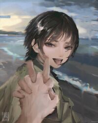  1girl 1other black_eyes black_hair chromatic_aberration clouds cloudy_sky commentary english_commentary eri_(sayonara_eri) glitch green_jacket highres holding_hands interlocked_fingers jacket ocean open_mouth pov pov_hands sayonara_eri shore short_hair signature sky smile taorotana tongue tongue_out 