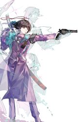  1boy 2girls absurdres achabushicha araya_(project_moon) black_hair blunt_bangs bob_cut chinese_commentary cigarette closed_mouth coat collared_shirt commentary_request e.g.o_(project_moon) eyewear_around_neck faint_aroma_(e.g.o) feet_out_of_frame ghost gun highres holding holding_gun holding_weapon jacket limbus_company long_sleeves looking_to_the_side multicolored_coat multiple_girls necktie outstretched_arm pants project_moon purple_coat purple_jacket purple_pants red_eyes revolver rien_(project_moon) ryoshu_(project_moon) sheath sheathed shirt short_hair simple_background solitude_(e.g.o) sword sword_on_back two-tone_coat walkie-talkie weapon weapon_on_back white_background white_necktie 