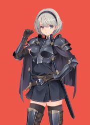  1girl armor armored_boots belt black_armor black_cape black_dress black_gloves black_hairband black_panties black_thighhighs boobplate boots breastplate cape commentary_request dress elbow_gloves gauntlets gloves grey_eyes grey_hair hairband hand_on_own_hip kirishima_satoshi original panties parted_lips pauldrons short_hair short_sword shoulder_armor solo sword thigh-highs underwear weapon 
