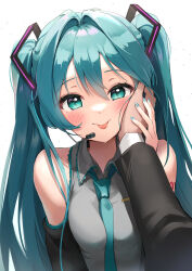  1boy 1girl absurdres aqua_eyes aqua_hair aqua_nails aqua_necktie aqua_trim blush breasts closed_mouth collared_shirt commentary_request detached_sleeves fingernails grey_shirt hair_between_eyes hair_ornament hand_on_another's_cheek hand_on_another's_face hatsune_miku heart highres koy_(4767269) long_hair long_sleeves master_(vocaloid) medium_breasts nail_polish necktie pout pov pov_hands shirt smile spoken_heart tongue tongue_out twintails very_long_hair vocaloid wide_sleeves 