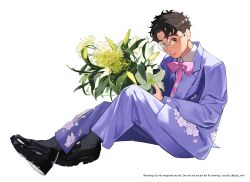  1boy absurdres black_hair black_shoes black_socks bouquet bow bowtie brown_eyes collared_shirt commentary_request crossed_ankles dandadan flower full_body glasses highres holding holding_bouquet jacket lily_(flower) looking_at_viewer male_focus pants parted_bangs parted_lips pink_bow pink_bowtie pink_flower purple_jacket purple_pants purple_suit round_eyewear shirt shoes short_hair sitting socks solo suit suit_jacket takakura_ken_(dandadan) twitter_username wavy_hair white_background white_shirt yellow_flower yuqi_non 